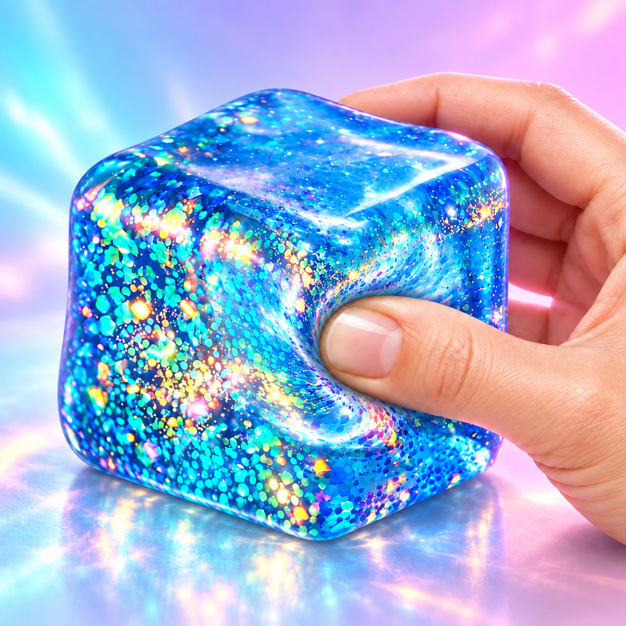 A thumb pressing deeply into a transparent blue glitter cube as the glitter shifts inside
