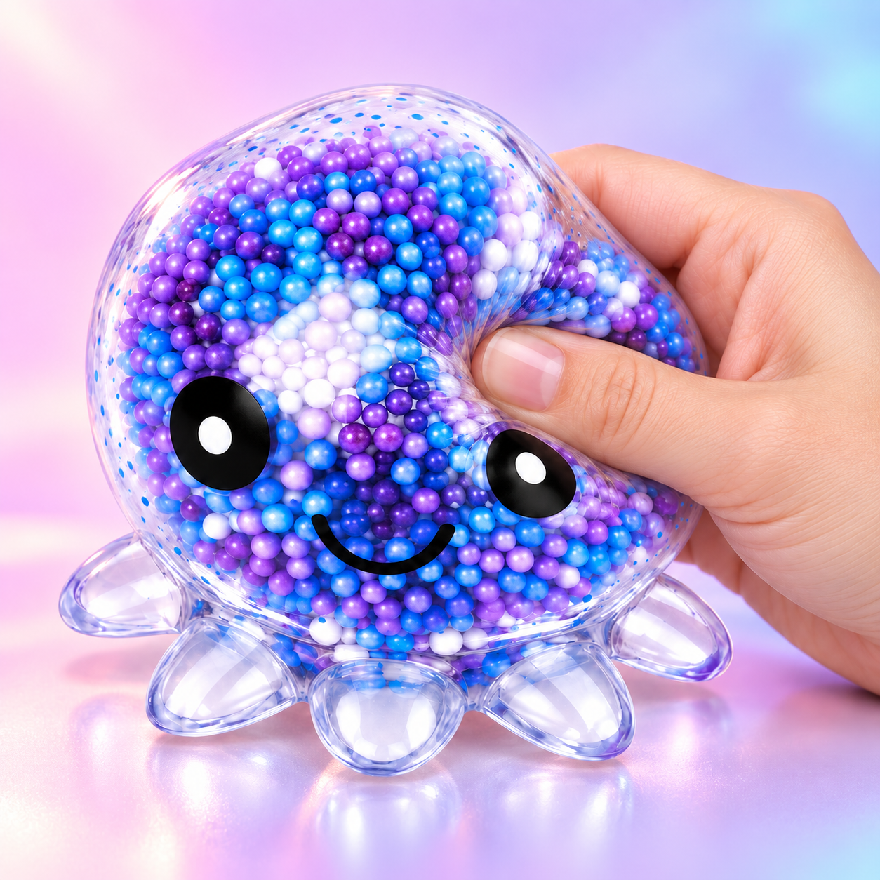 A hand pressing deeply into a soft bead-filled octopus toy