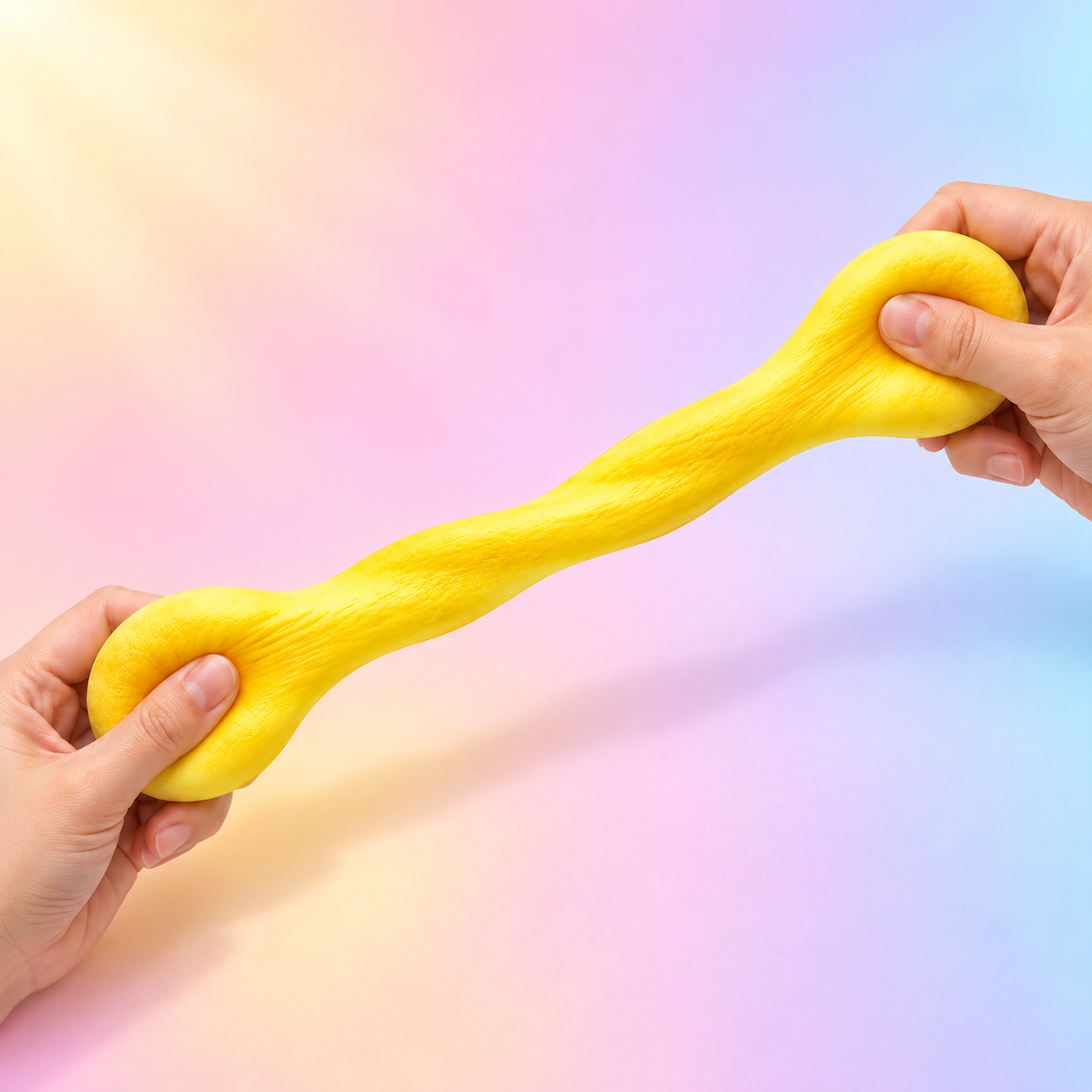 A yellow slow-rise sensory toy pulled into a long diagonal stretch between two hands