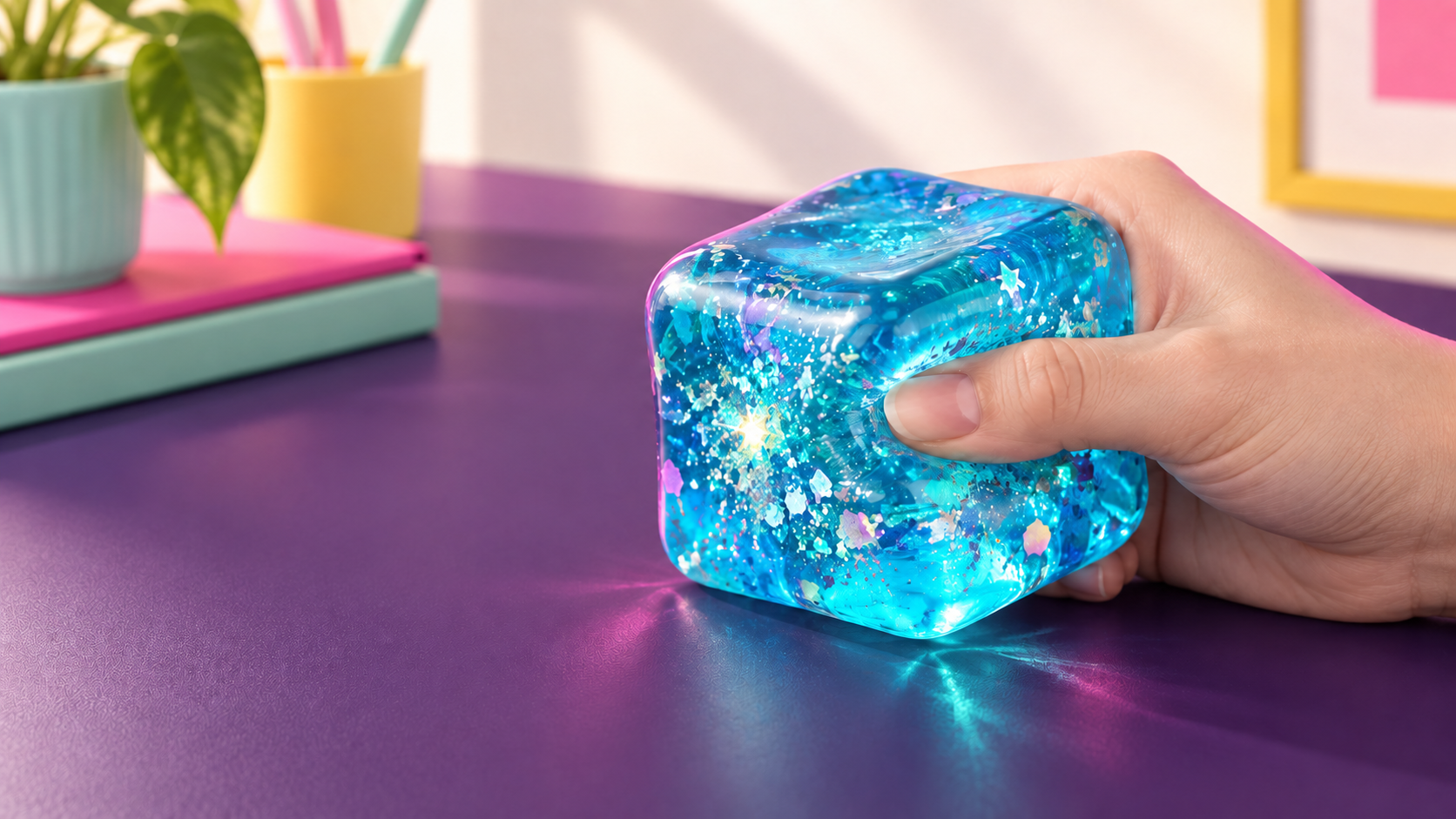 Blue glitter stress toy on a colorful desk