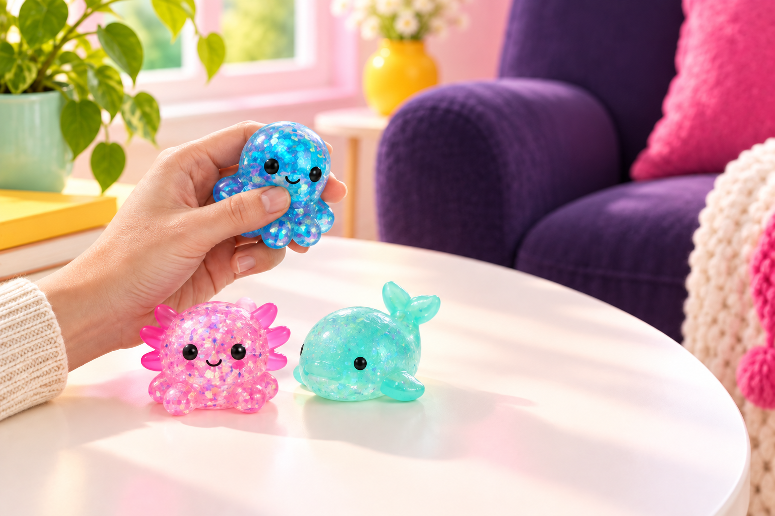 2-Pack Ocean Squeeze Toys, Apple and Cube Shaped Sensory Fidget Toys with Seashells and Star Glitter in a calm everyday setting