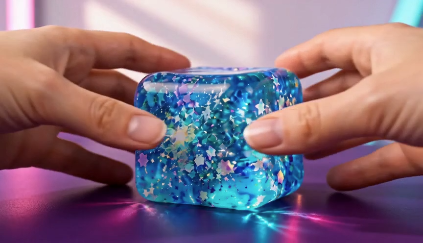 Blue glitter sensory cube on a colorful desk